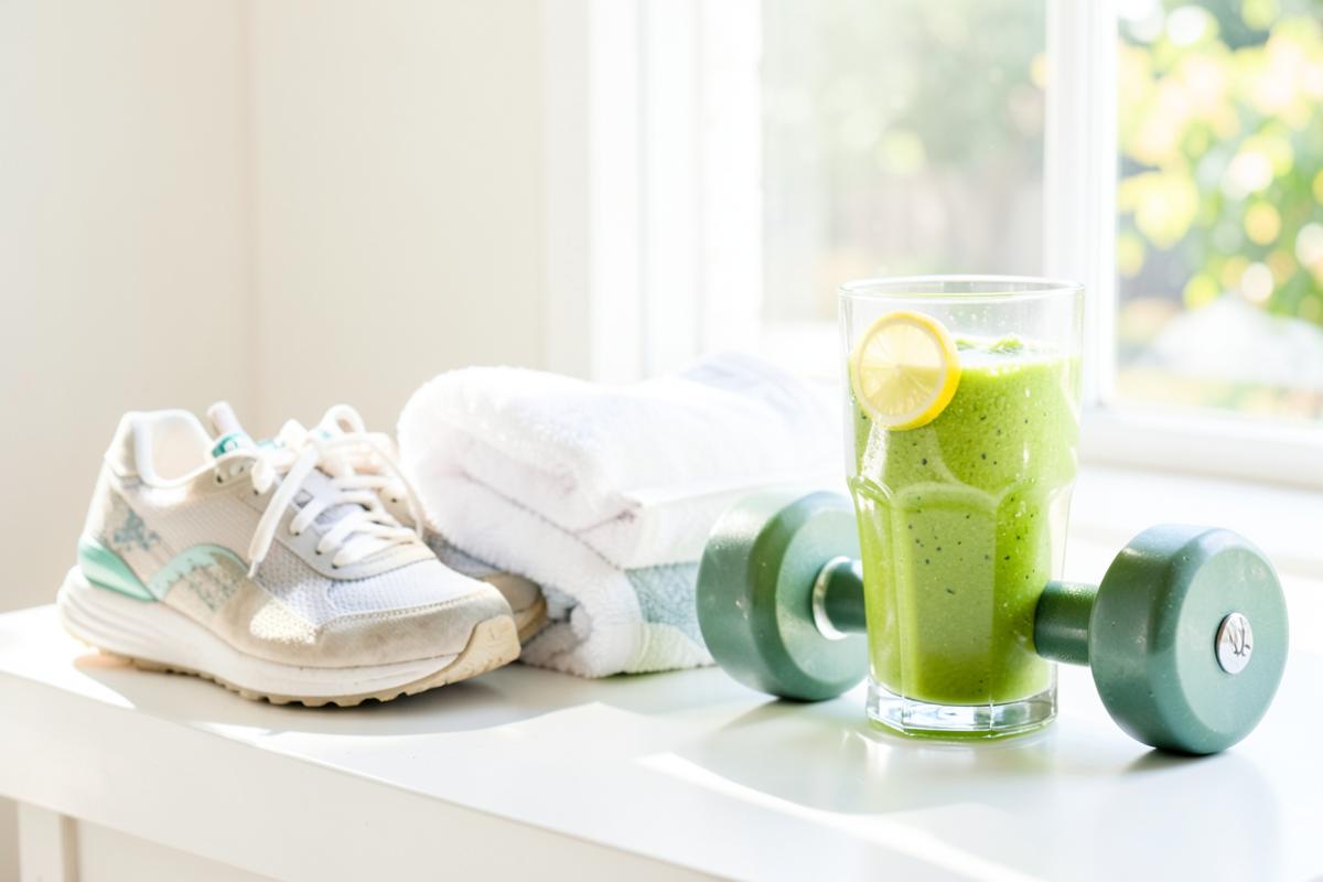 Water, running shoes, dumbbell and green smoothie by a window